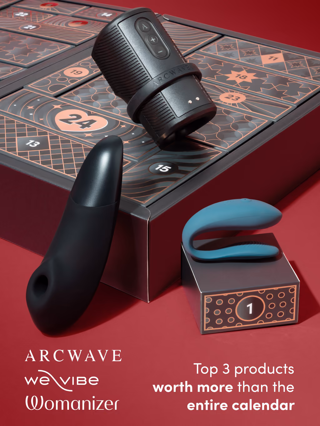 The Arcwave Zing, We-Vibe Sync Lite and Womanizer Enhance on the open black drawers