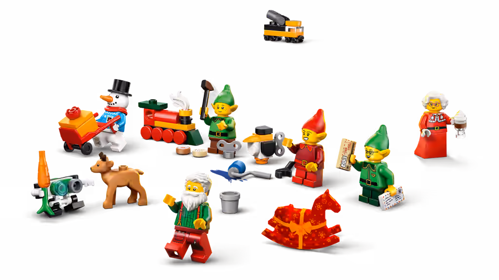Santa, Mrs Claus, the elves, the snowman and the reindeer from the LEGO City 2026 calendar on white
