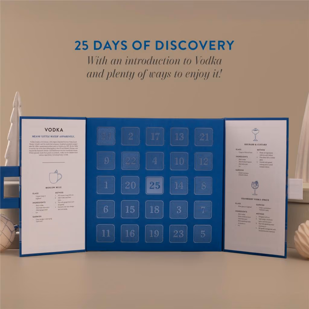 The box opened to 25 numbered doors with a vodka guide in each flap