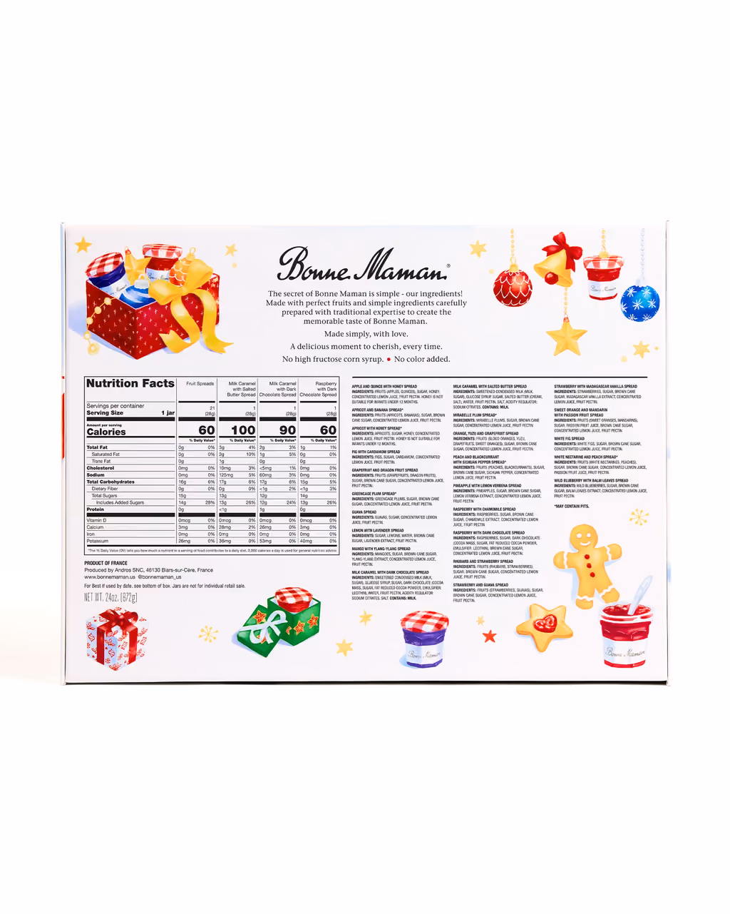The back of the Bonne Maman 2026 box with the nutrition panel and the flavour illustrations