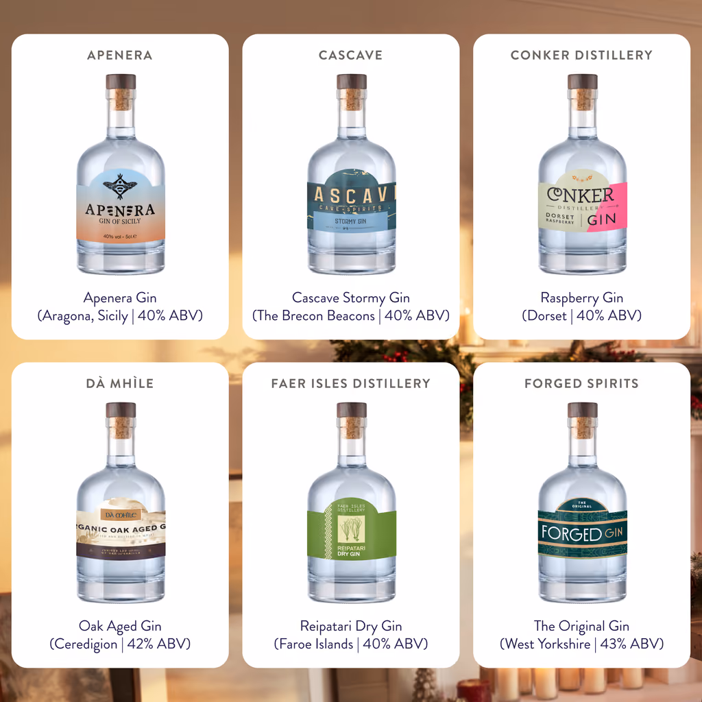 Six of the gins with their regions and strengths