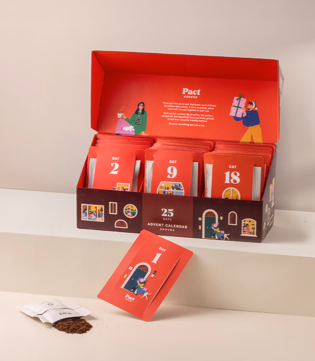 The red shopfront box open with numbered pouches inside and one pulled out