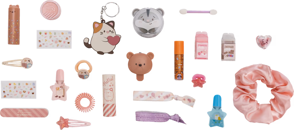 Scrunchie, hair ties, clips, nail polishes, lip glosses, an eyeshadow compact and a cat keyring laid out on white