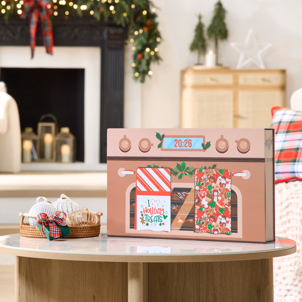 The closed oven-shaped box on a side table by a fireplace