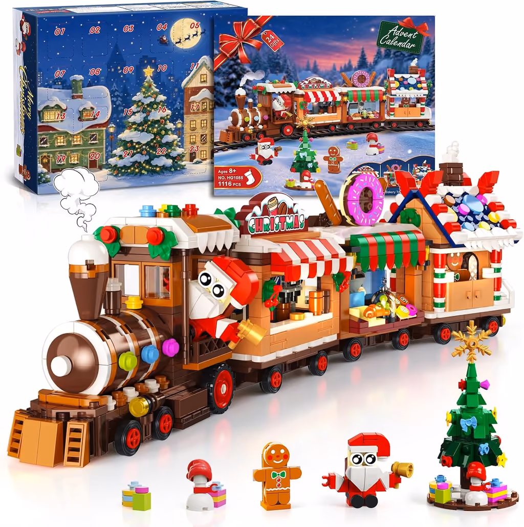 The finished gingerbread train with its tree and figures in front of the box