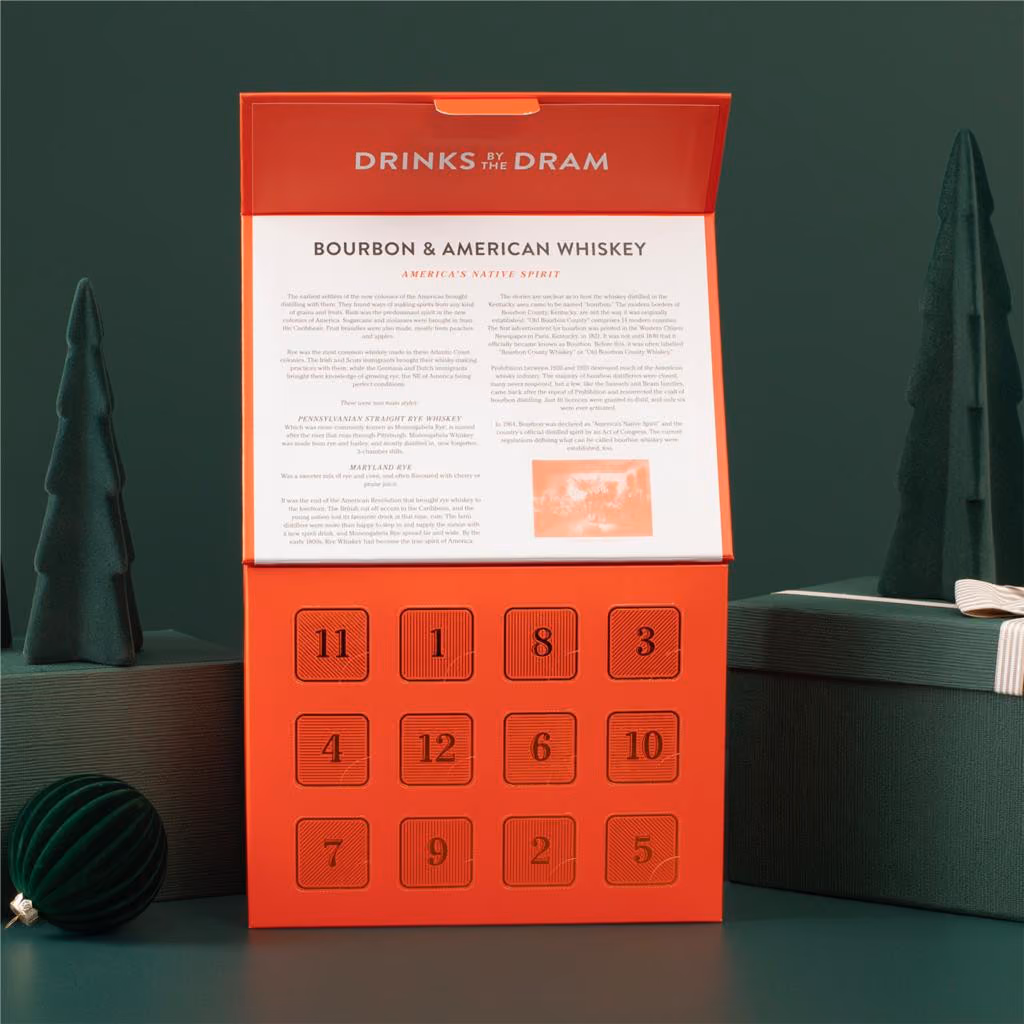 The box with its lid raised over 12 numbered doors and a guide to American whiskey