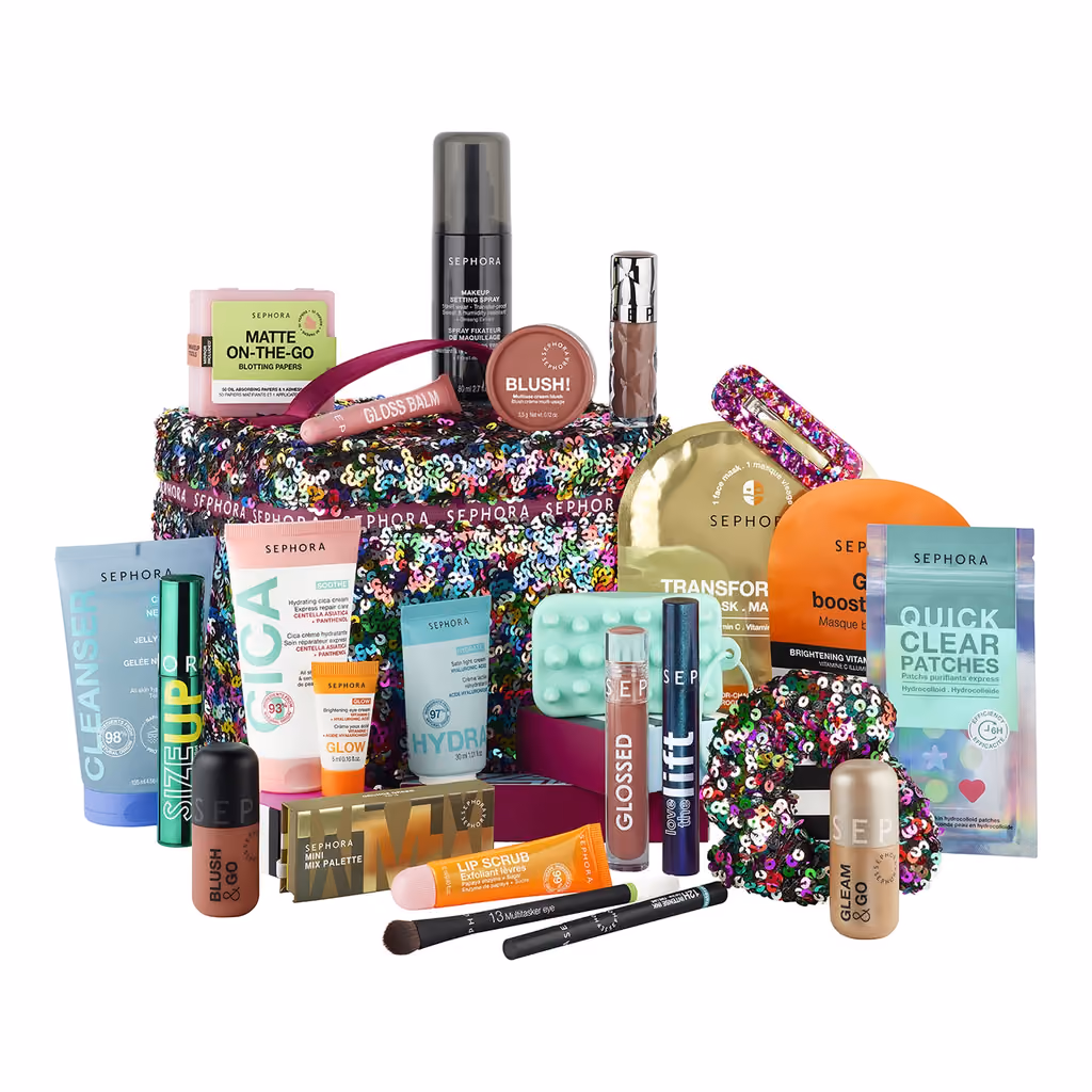 The Sephora Collection Premium 2026 contents piled in front of the sequinned vanity case
