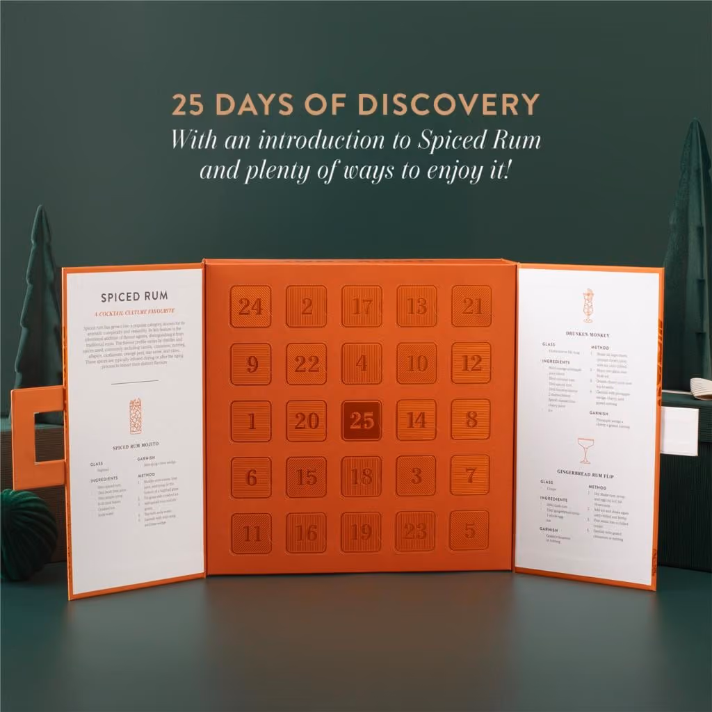 The box opened to its 25 numbered doors with a spiced rum guide in each flap