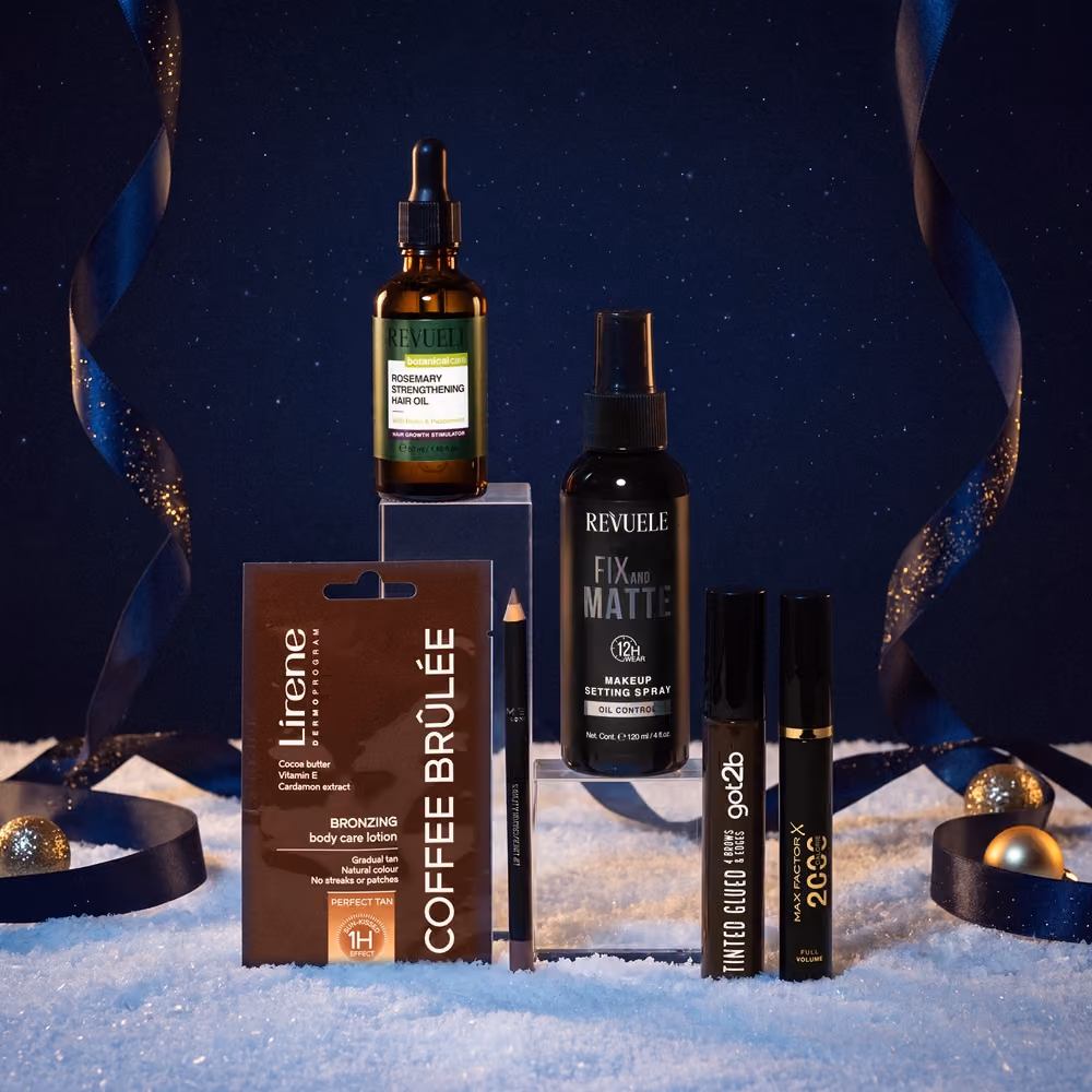 A setting spray, a hair oil, a bronzing balm and two brow products