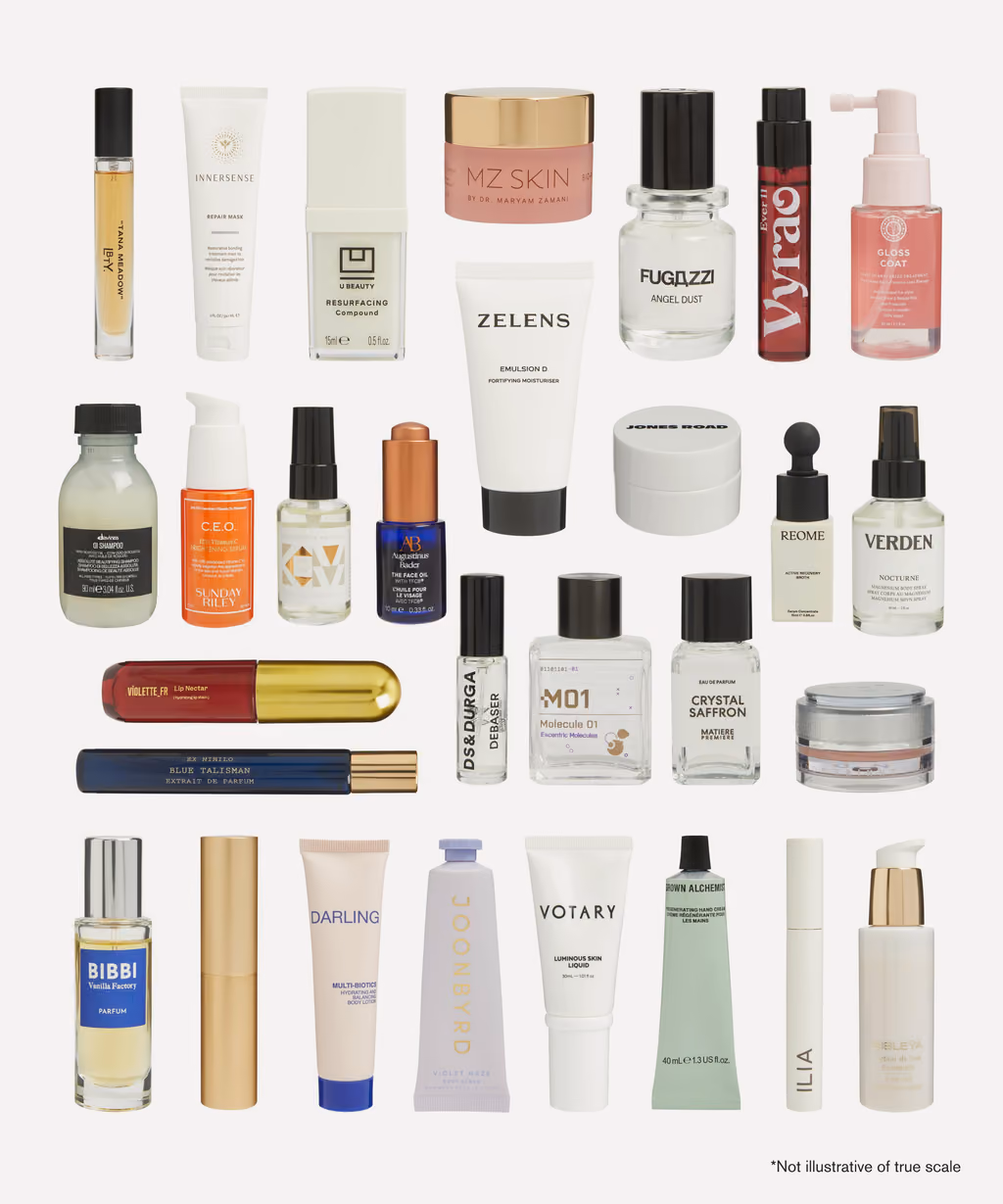 All 29 products from the Liberty Beauty 2026 calendar laid flat in rows on white