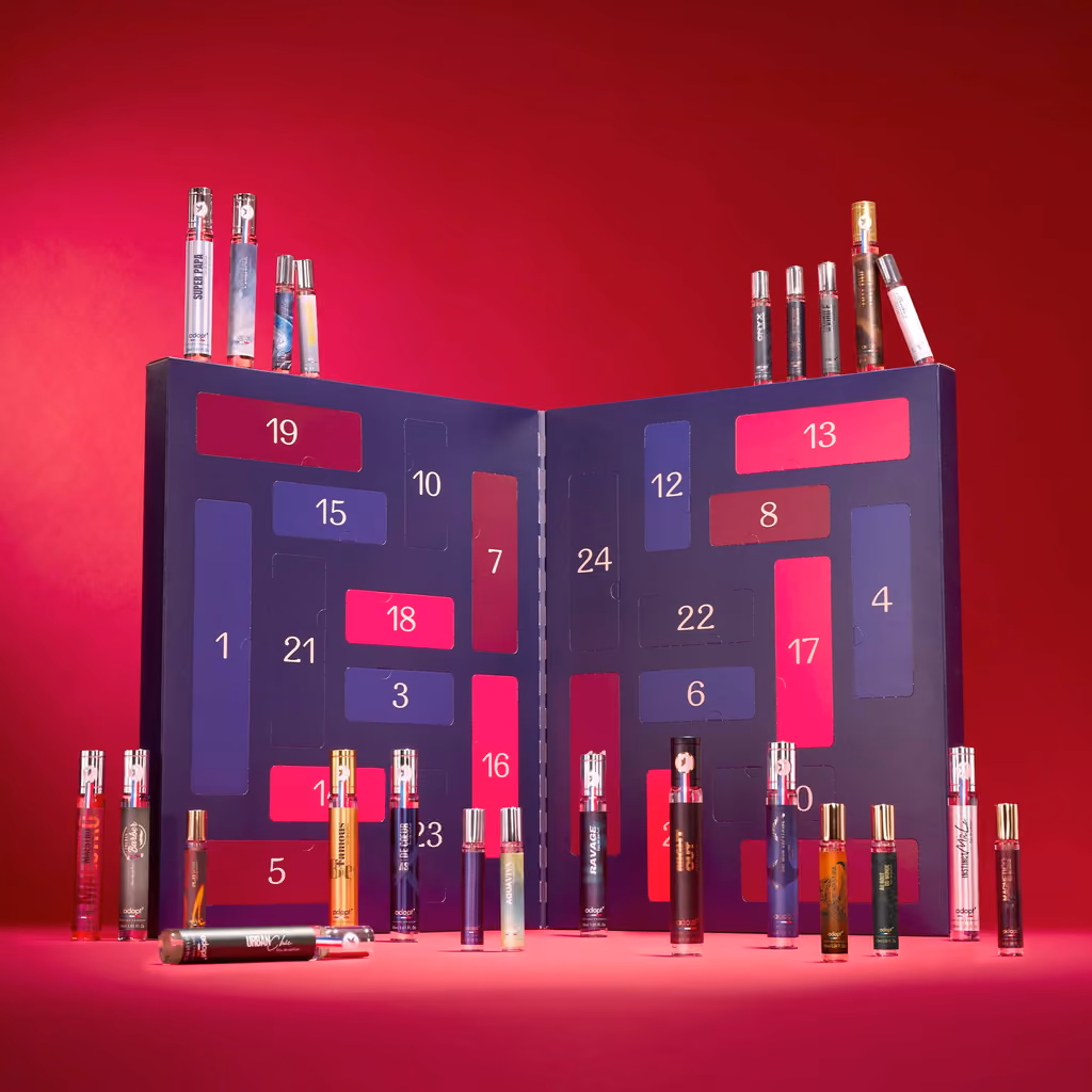 The calendar opened like a book with the perfume sprays around it