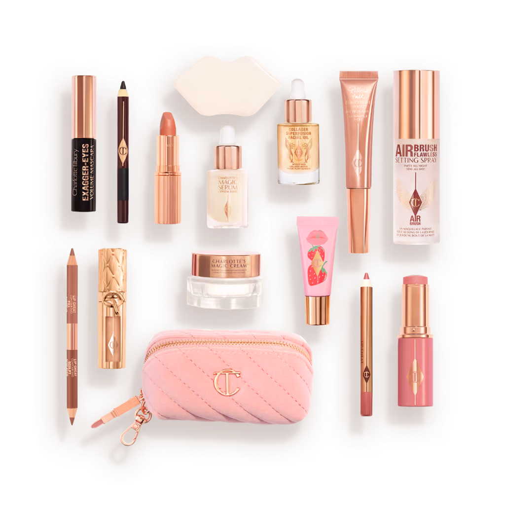 All 15 items from the Charlotte Tilbury 2026 calendar on white, gua sha and makeup bag included