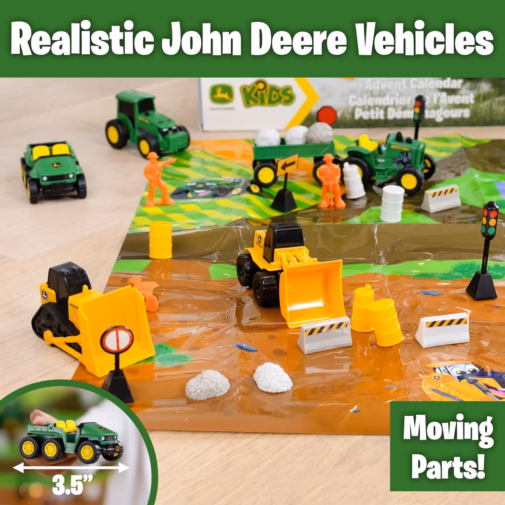 Vehicles, workers and signs set up on the play mat