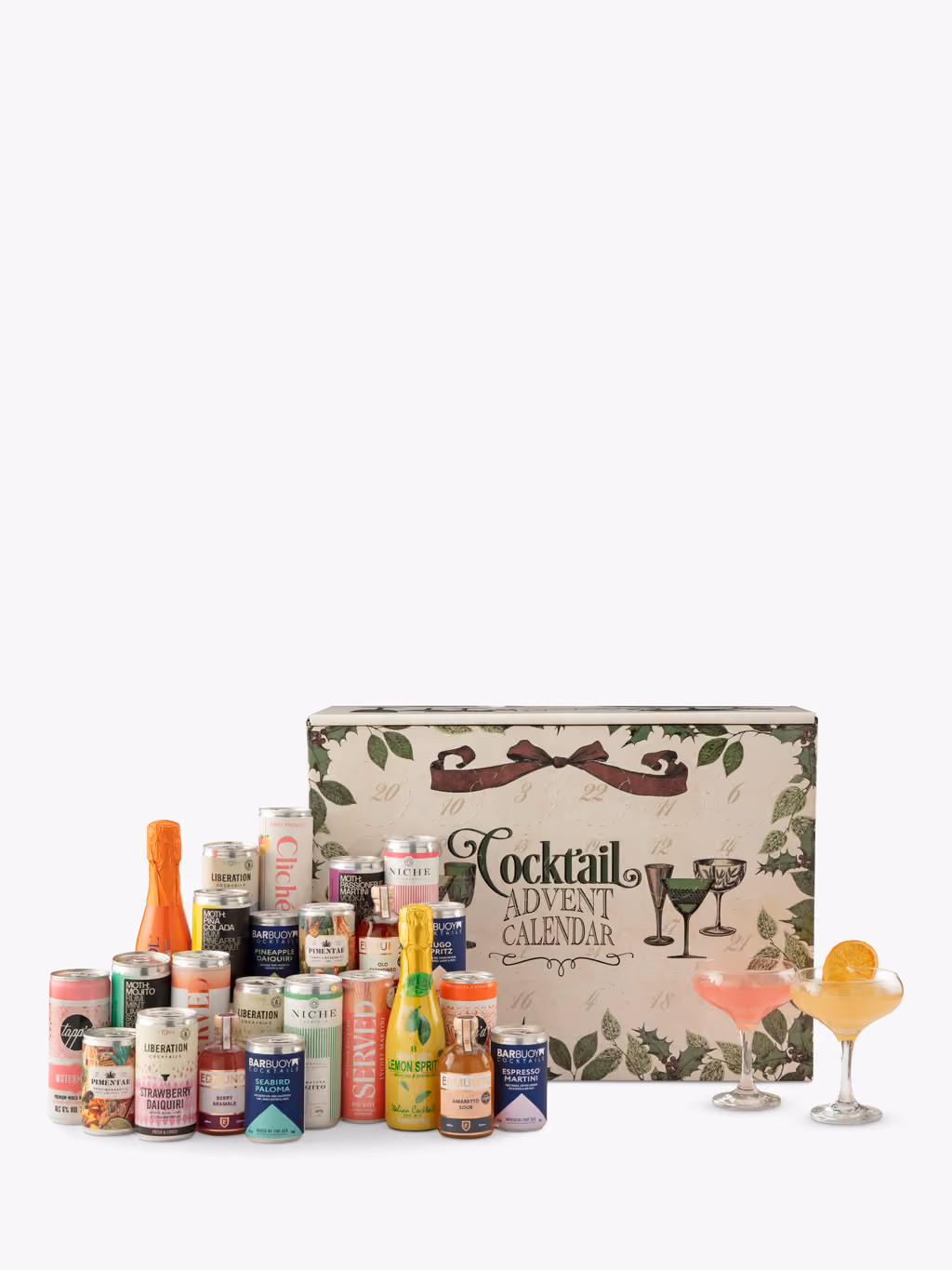 The cans and bottles in front of the box with two cocktails