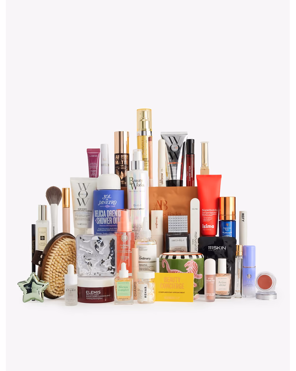 All 40 products from the Selfridges Beauty 2026 calendar grouped together on white