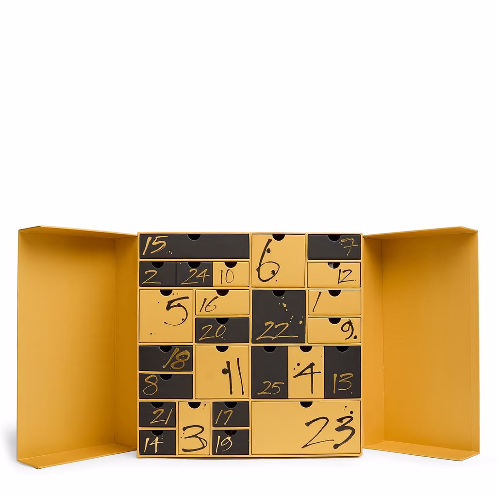 Both doors open on the 25 numbered mustard and black drawers