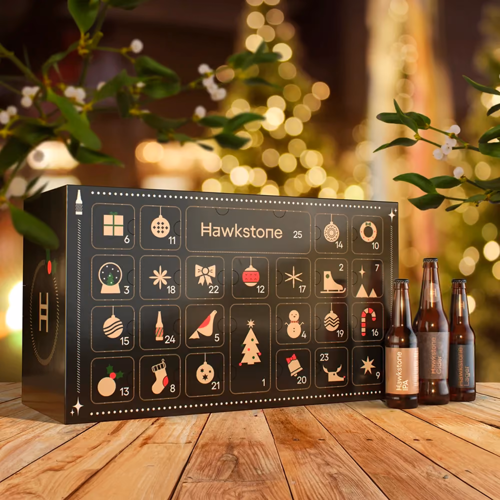 The Hawkstone calendar with three beer bottles standing beside it