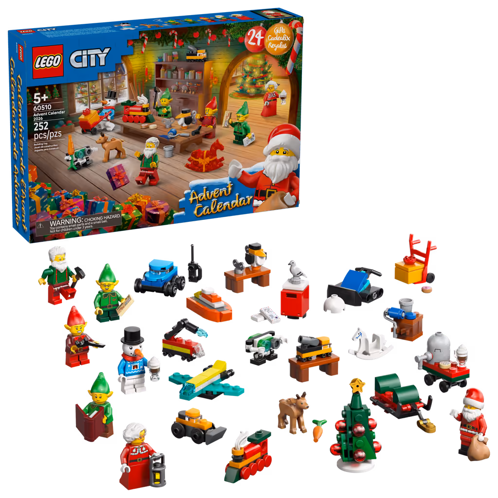 All 24 builds from the LEGO City 2026 calendar lined up beside the box