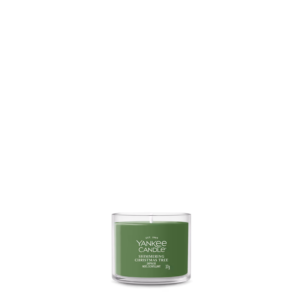 Shimmering Christmas Tree mini filled votive, two
