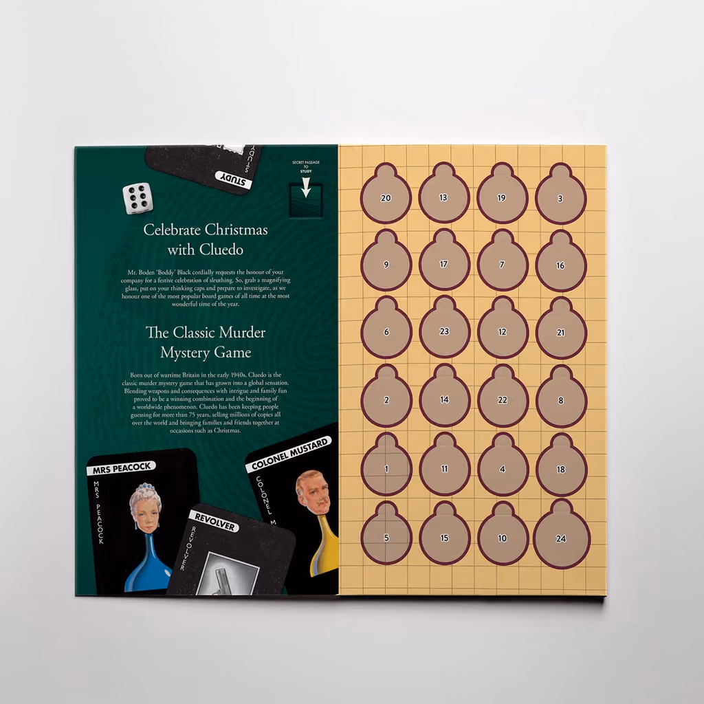The Cluedo 2026 calendar open, with the coin card behind door 24