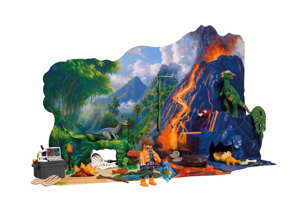 The built jungle camp with the volcano backdrop, researcher and dinosaurs