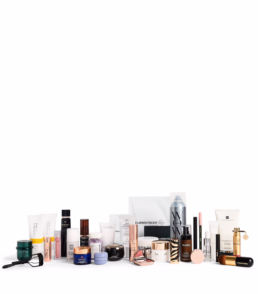All 32 products from the Harrods Beauty 2026 calendar grouped together on white