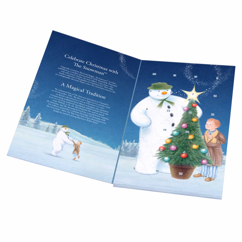 The Royal Mint 2024 (Snowman) advent calendar contents, photograph 1 of 3