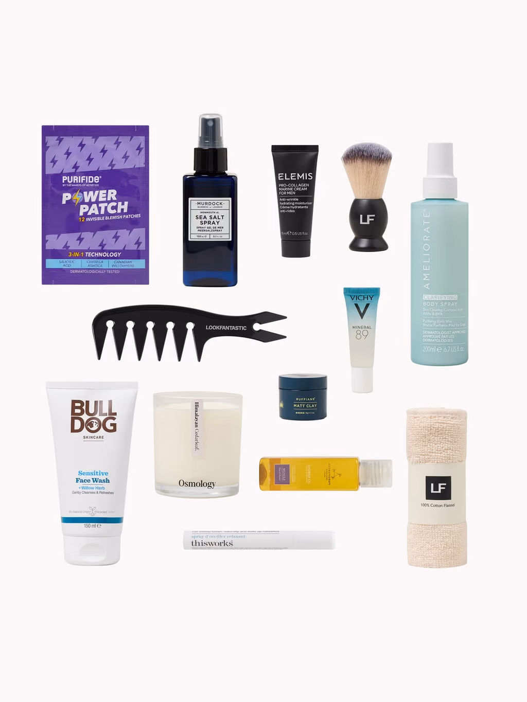 Flat-lay of the grooming products from the calendar on white