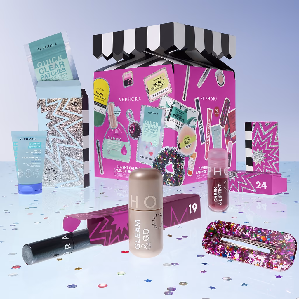 The pink Sephora Collection 2026 box with skincare and makeup pieces in front of it