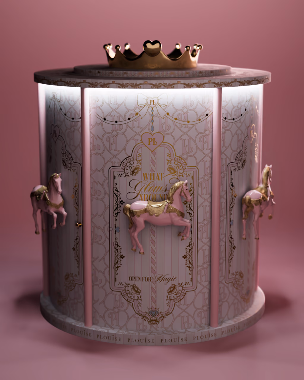 The What Glows Around carousel box lit from inside, its pink horses in relief on the doors