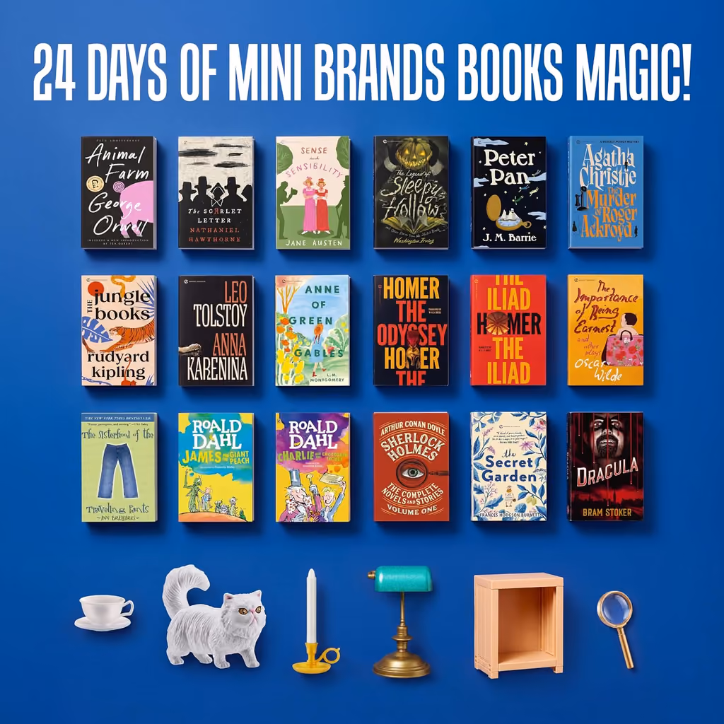 All eighteen mini book covers in rows above the six accessories, on blue