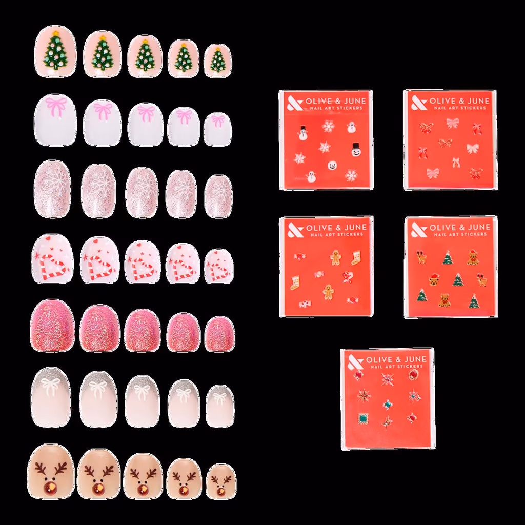 The seven press-on sets and five sticker sheets laid out