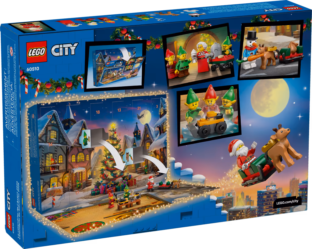 The back of the LEGO City 2026 box, showing the fold-out Santa's workshop playmat