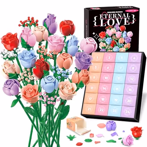 The built brick rose bouquet standing beside the numbered calendar box