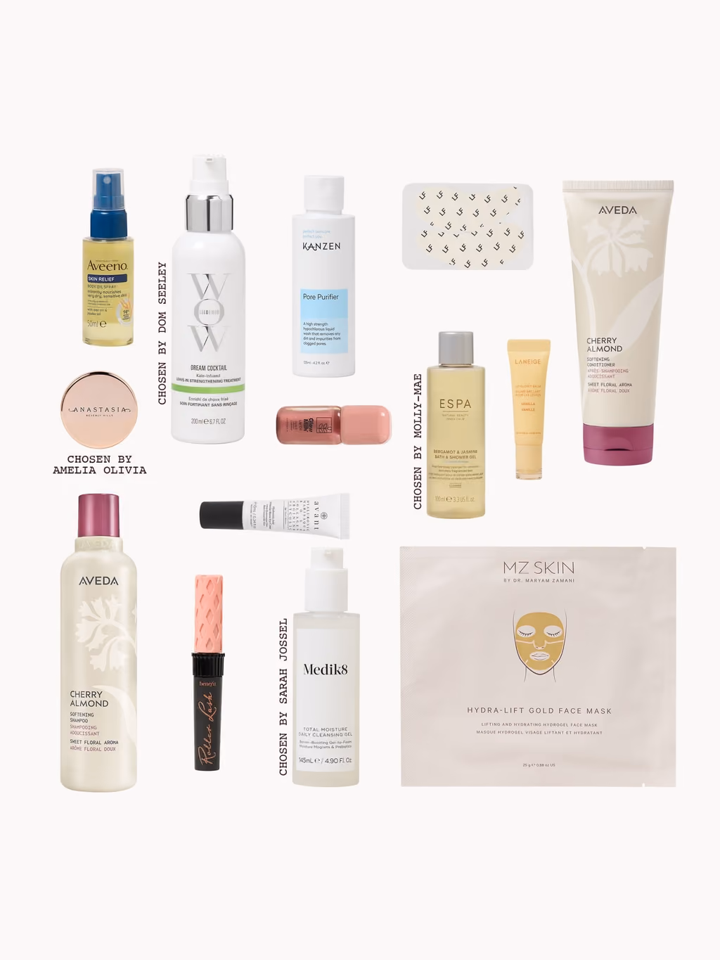 Flat-lay of the skincare and haircare from the calendar on white