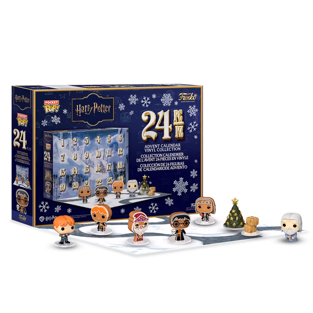 The Funko Harry Potter 2026 calendar opened, with Pocket Pop figures standing on its tray