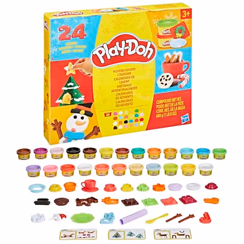 The box with its 24 Play-Doh cans and tools laid out beneath it