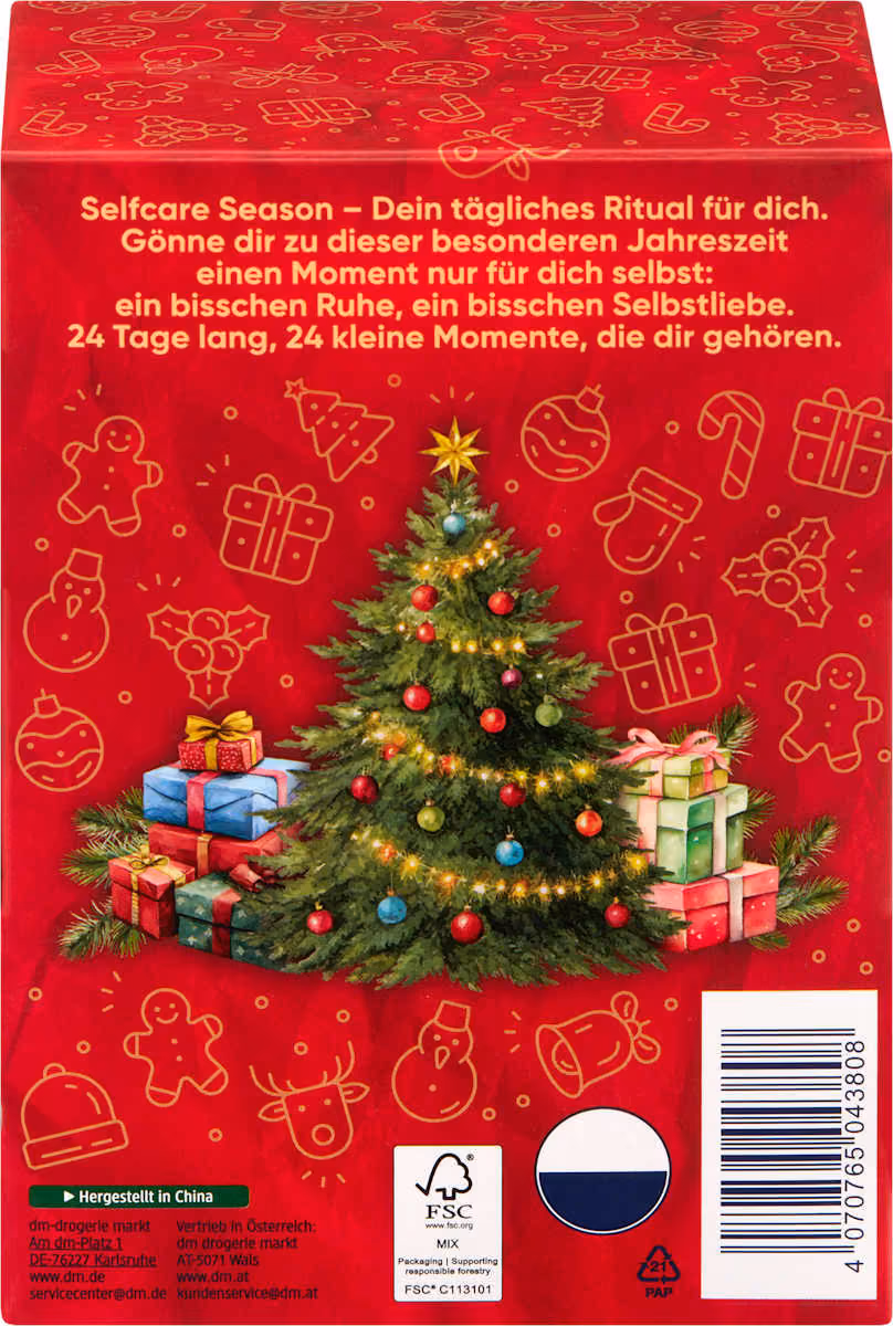 The back of the box with a Christmas tree and the Selfcare Season note