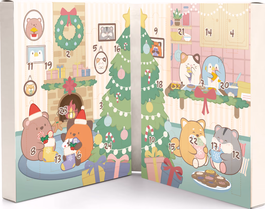 The box opened out flat, a Christmas scene with the mymochi characters and numbered doors