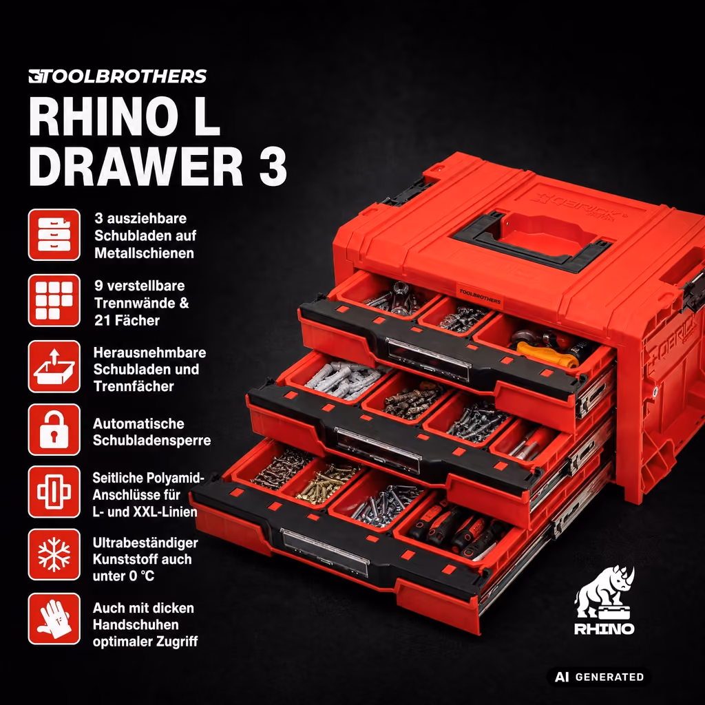 The RHINO L Drawer 3 with its three drawers open and full of parts