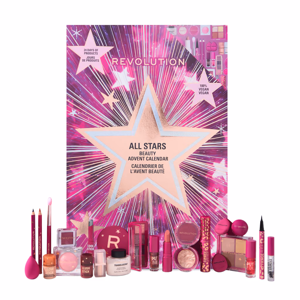 Revolution Makeup Advent Calendar 2025, the products laid out