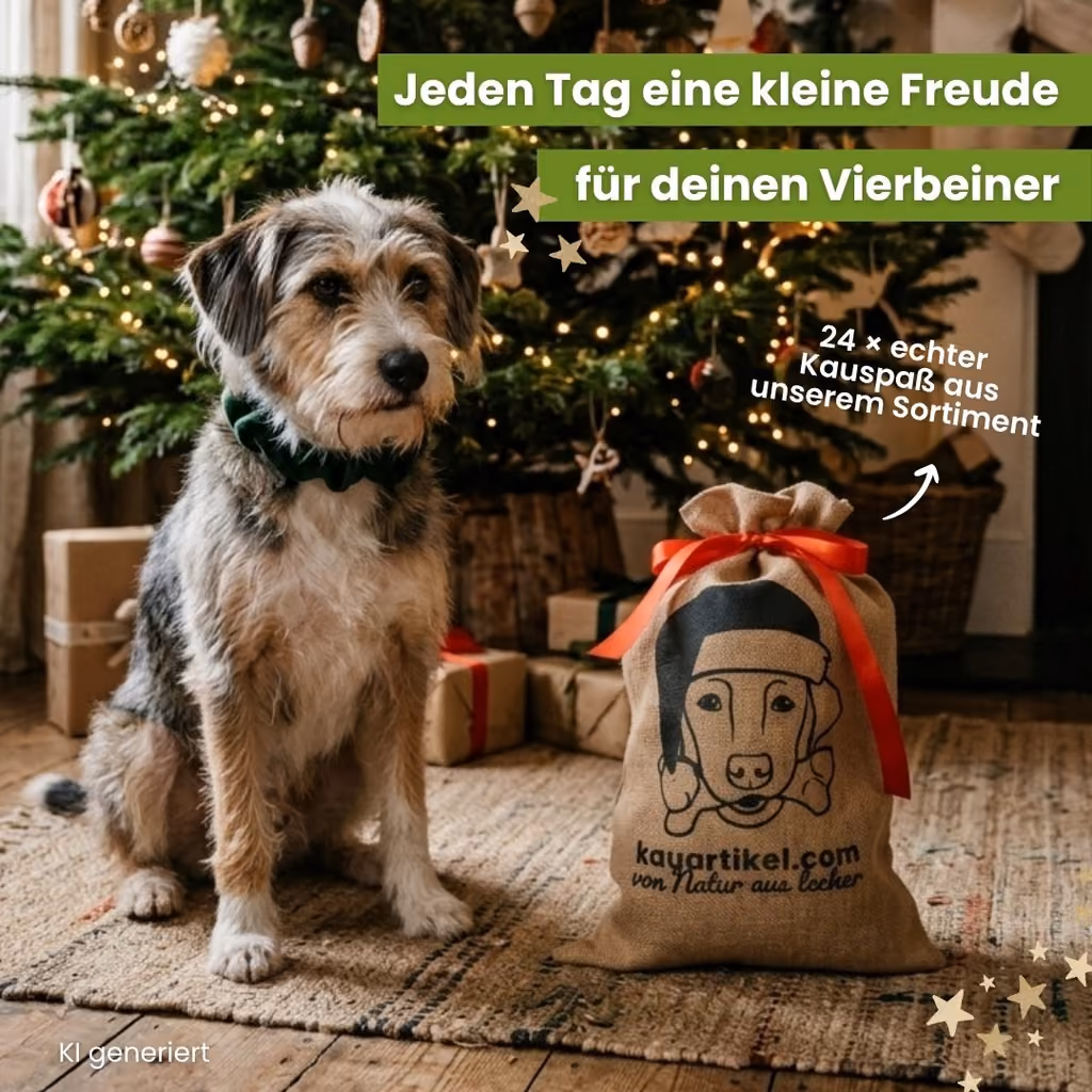 A terrier sitting beside the jute sack under a Christmas tree