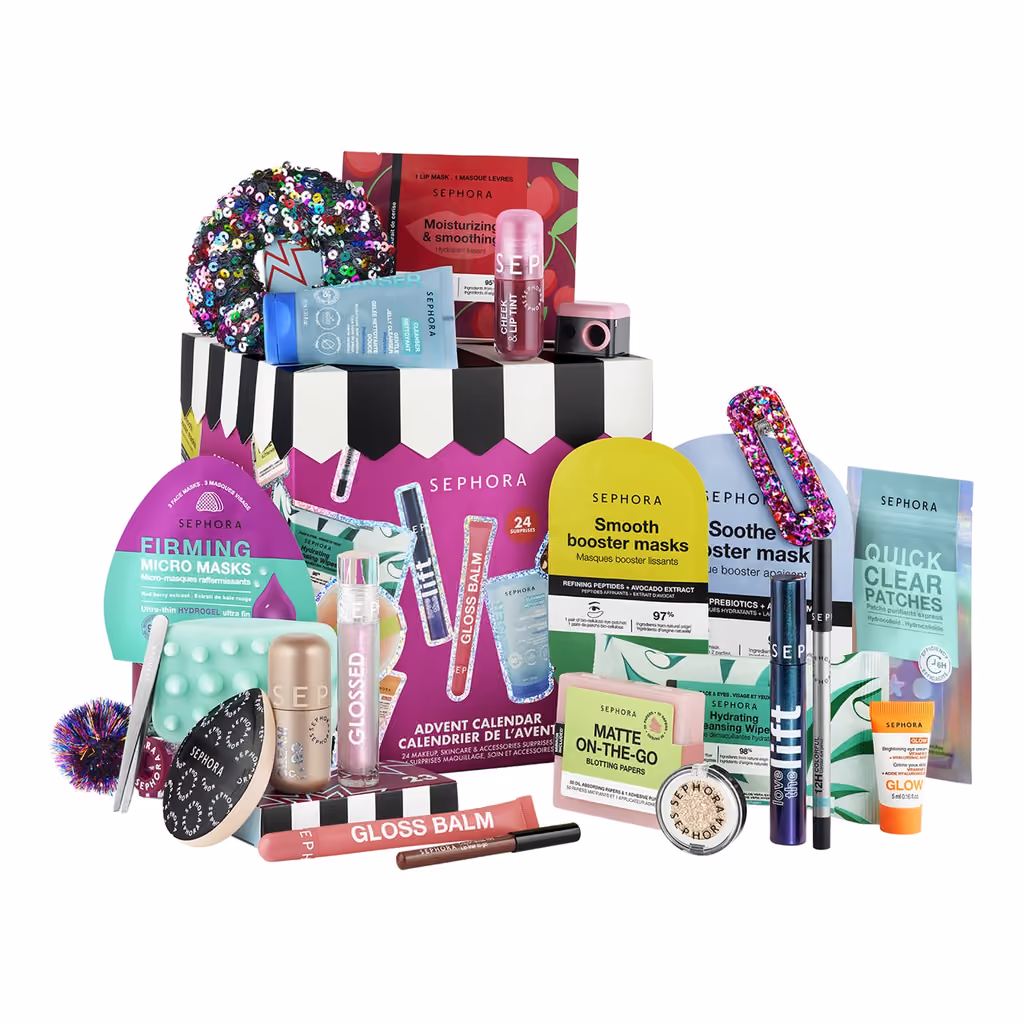 The Sephora Collection 2026 contents stacked in front of the pink cracker-shaped box