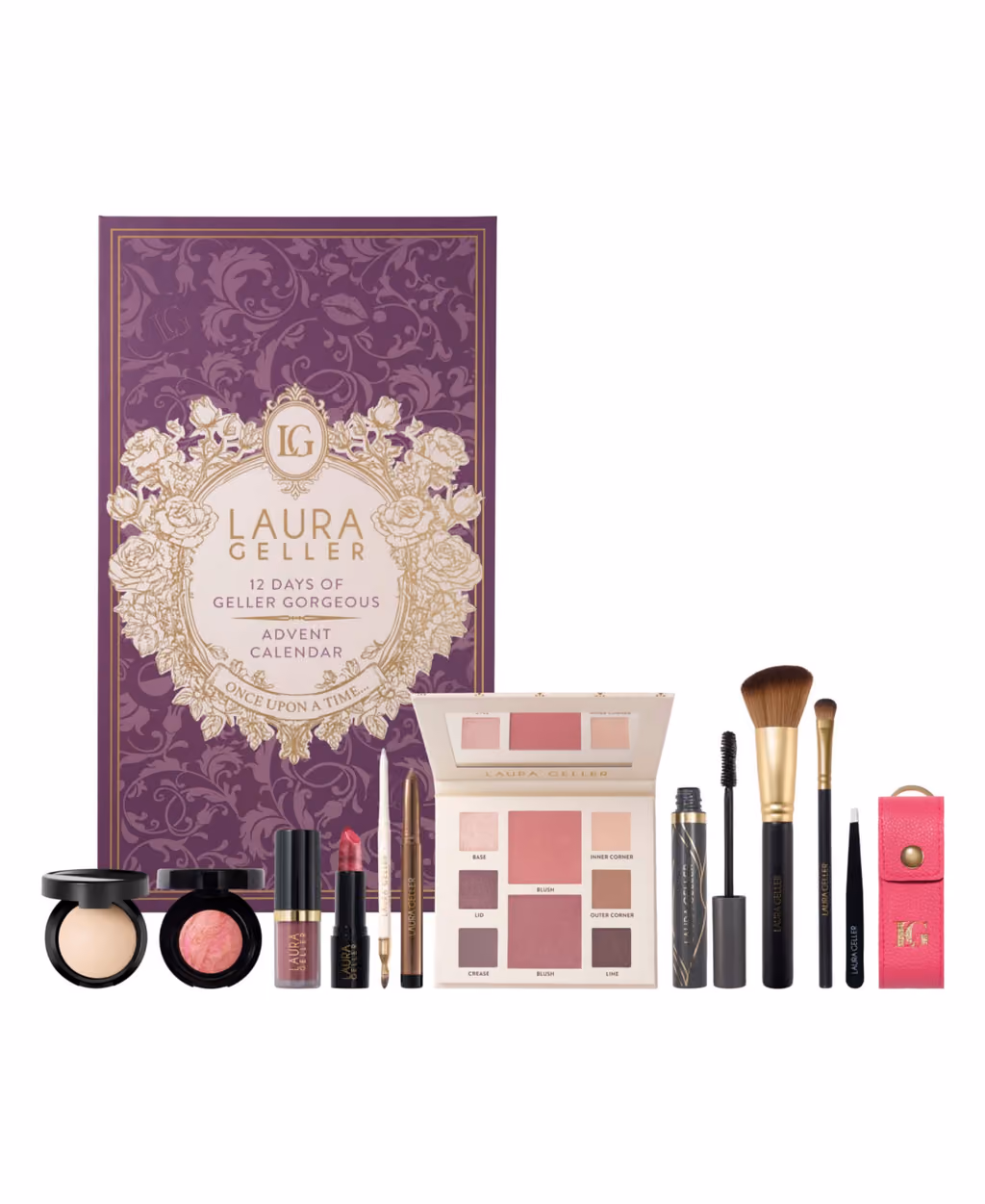 The plum box with the twelve products lined up in front