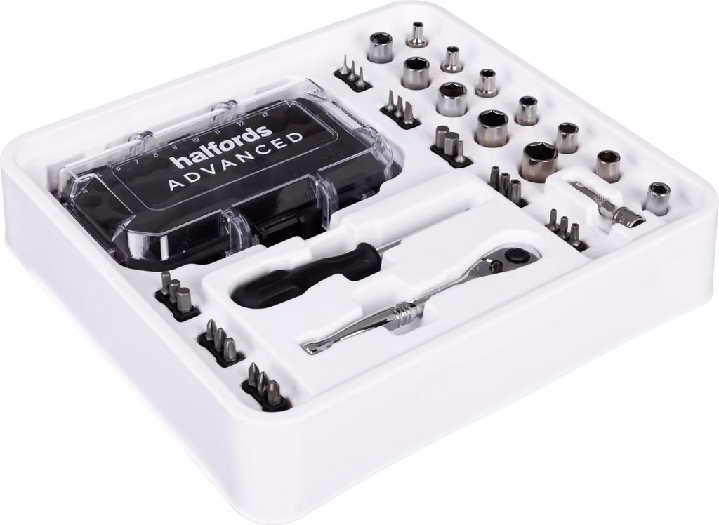 The 40 pieces laid out in the inner tray: the ratchet, spinner handle, sockets, bits and the clear-lidded case