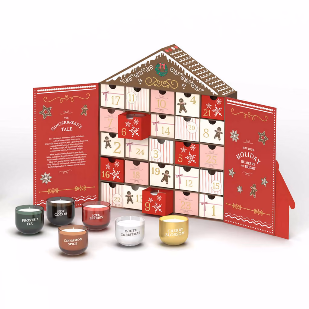 The box opened out, 25 numbered drawers with six scented jars in front