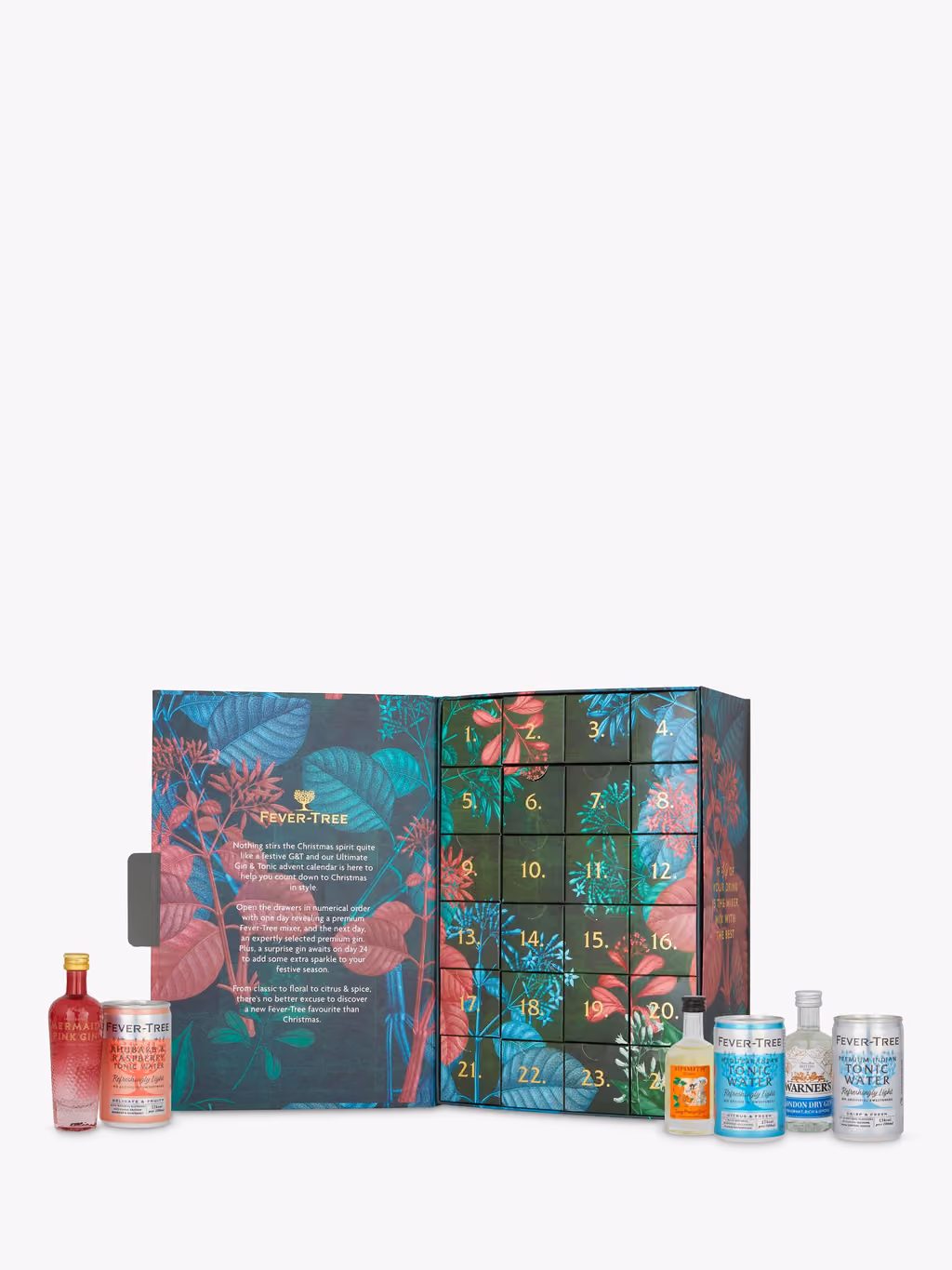 The calendar opened with a gin miniature and tonic cans in front