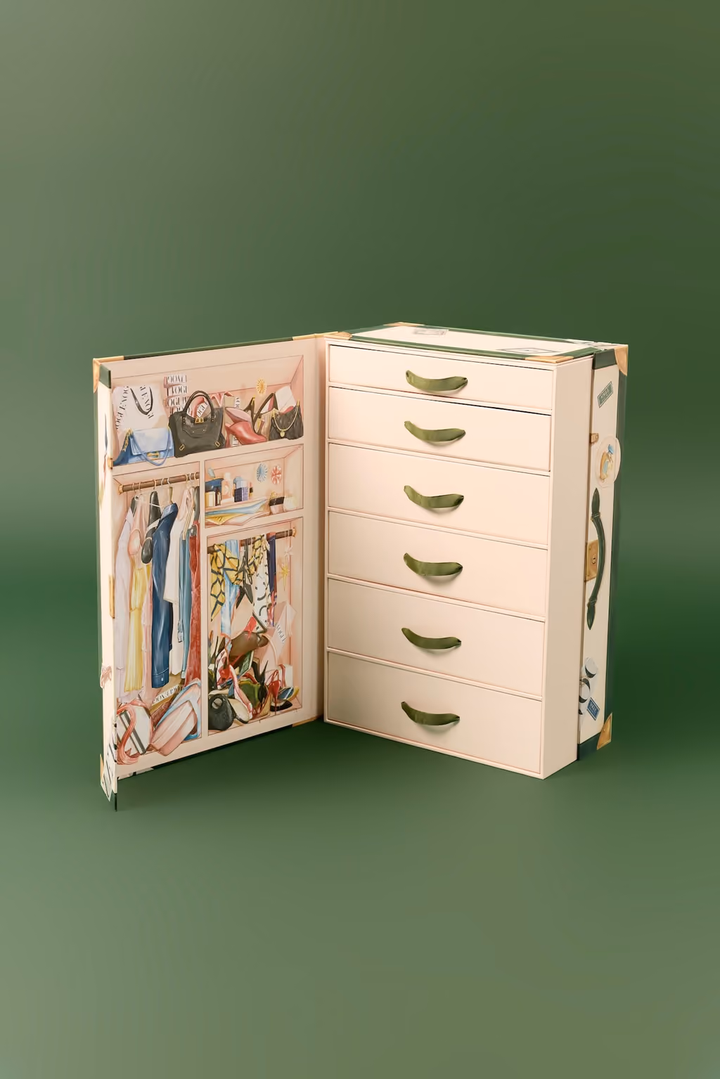 The Vogue 2026 trunk standing open to show its illustrated lid and the column of drawers