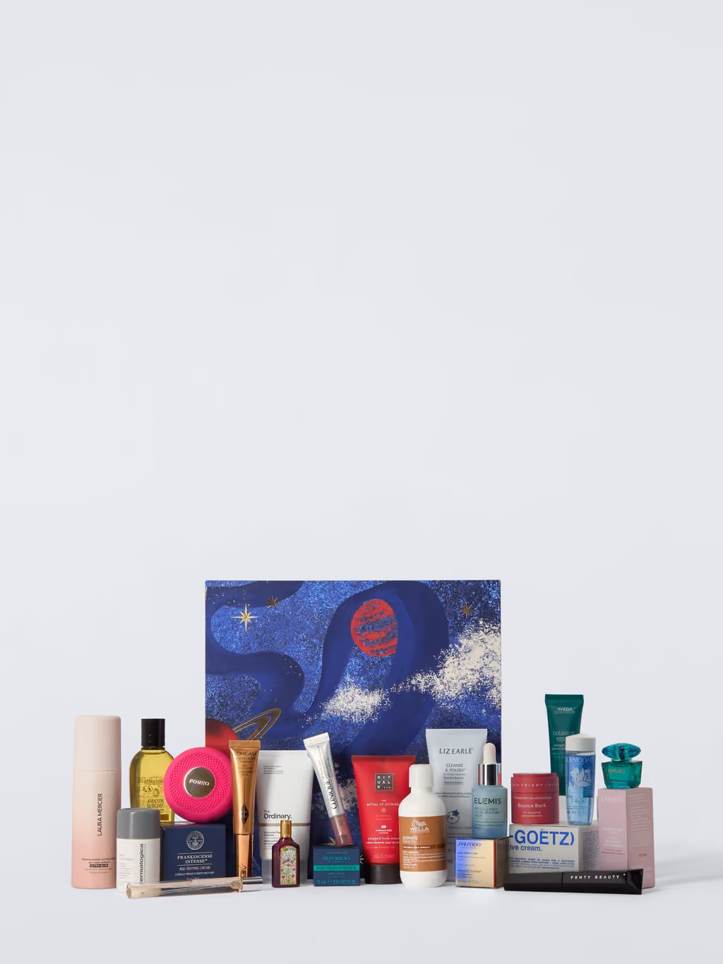 The closed blue box with a selection of the products lined up in front of it