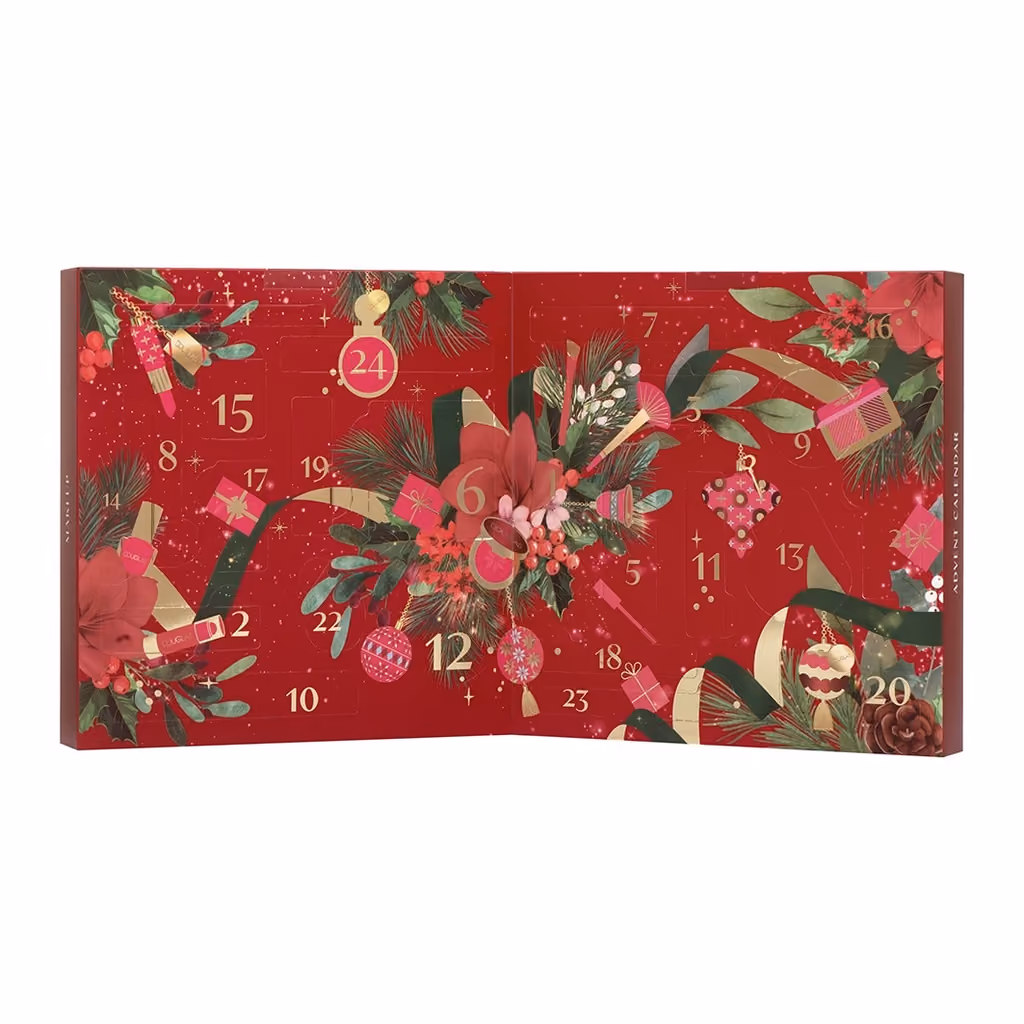 The numbered side of the red box, painted with poinsettias and baubles